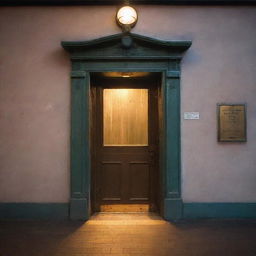 An enchanted door at a bustling train station magically swings open. As the door opens, it reveals an otherworldly glow that pierces the regularity of the station, capturing the awestruck glances of passing commuters.