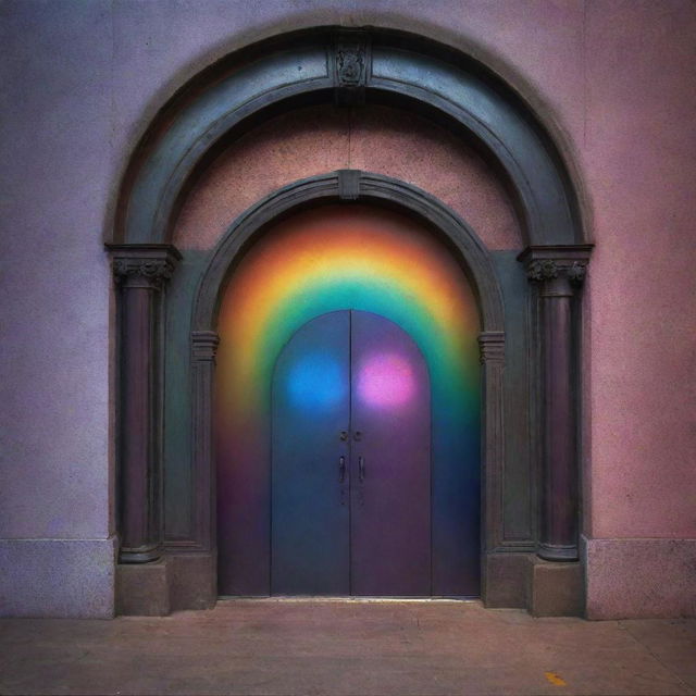 A magnificently magical door at a train station, thrown wide open to reveal an iridescent portal glowing with all the colors of the spectrum, mesmerizing commuters with its dazzling display of spellbinding enchantment. Otherworldly beings and ethereal tunes hint at the fantastical realm beyond.