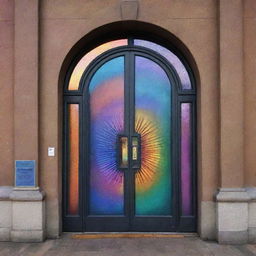 A magnificently magical door at a train station, thrown wide open to reveal an iridescent portal glowing with all the colors of the spectrum, mesmerizing commuters with its dazzling display of spellbinding enchantment. Otherworldly beings and ethereal tunes hint at the fantastical realm beyond.