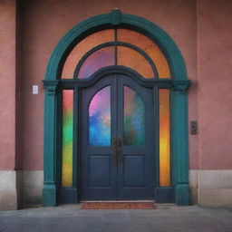 A magnificently magical door at a train station, thrown wide open to reveal an iridescent portal glowing with all the colors of the spectrum, mesmerizing commuters with its dazzling display of spellbinding enchantment. Otherworldly beings and ethereal tunes hint at the fantastical realm beyond.