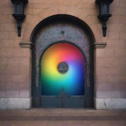 A magnificently magical door at a train station, thrown wide open to reveal an iridescent portal glowing with all the colors of the spectrum, mesmerizing commuters with its dazzling display of spellbinding enchantment. Otherworldly beings and ethereal tunes hint at the fantastical realm beyond.