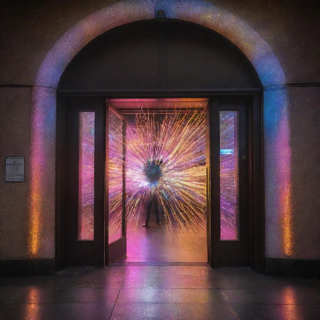 An extraordinary magical door at a bustling train station, swinging open to reveal an luminescent portal pulsating with electrifying colors. Arcs of enlightened energy weave around it, casting dazzling lights on the awestruck faces of onlookers as cosmic dust and ethereal melodies fill the air.