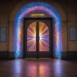 An extraordinary magical door at a bustling train station, swinging open to reveal an luminescent portal pulsating with electrifying colors. Arcs of enlightened energy weave around it, casting dazzling lights on the awestruck faces of onlookers as cosmic dust and ethereal melodies fill the air.