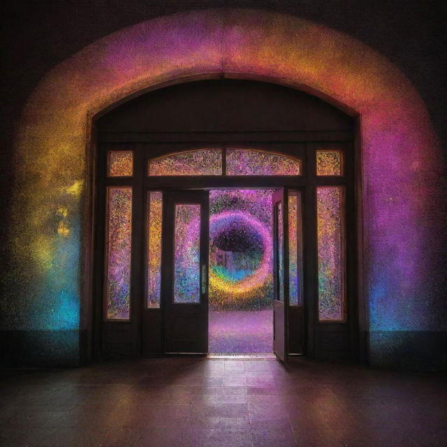 An extraordinary magical door at a bustling train station, swinging open to reveal an luminescent portal pulsating with electrifying colors. Arcs of enlightened energy weave around it, casting dazzling lights on the awestruck faces of onlookers as cosmic dust and ethereal melodies fill the air.