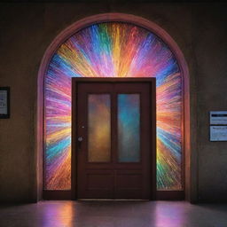 An extraordinary magical door at a bustling train station, swinging open to reveal an luminescent portal pulsating with electrifying colors. Arcs of enlightened energy weave around it, casting dazzling lights on the awestruck faces of onlookers as cosmic dust and ethereal melodies fill the air.