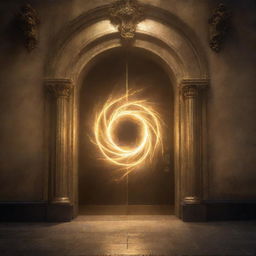 A supernatural door at a bustling train station, opening to display a radiant portal alive with swirling golden light. Luminous sparks and waves of misty gold radiate outwards, spellbinding passersby with its celestial luminance and summoning whispers of mythical tales