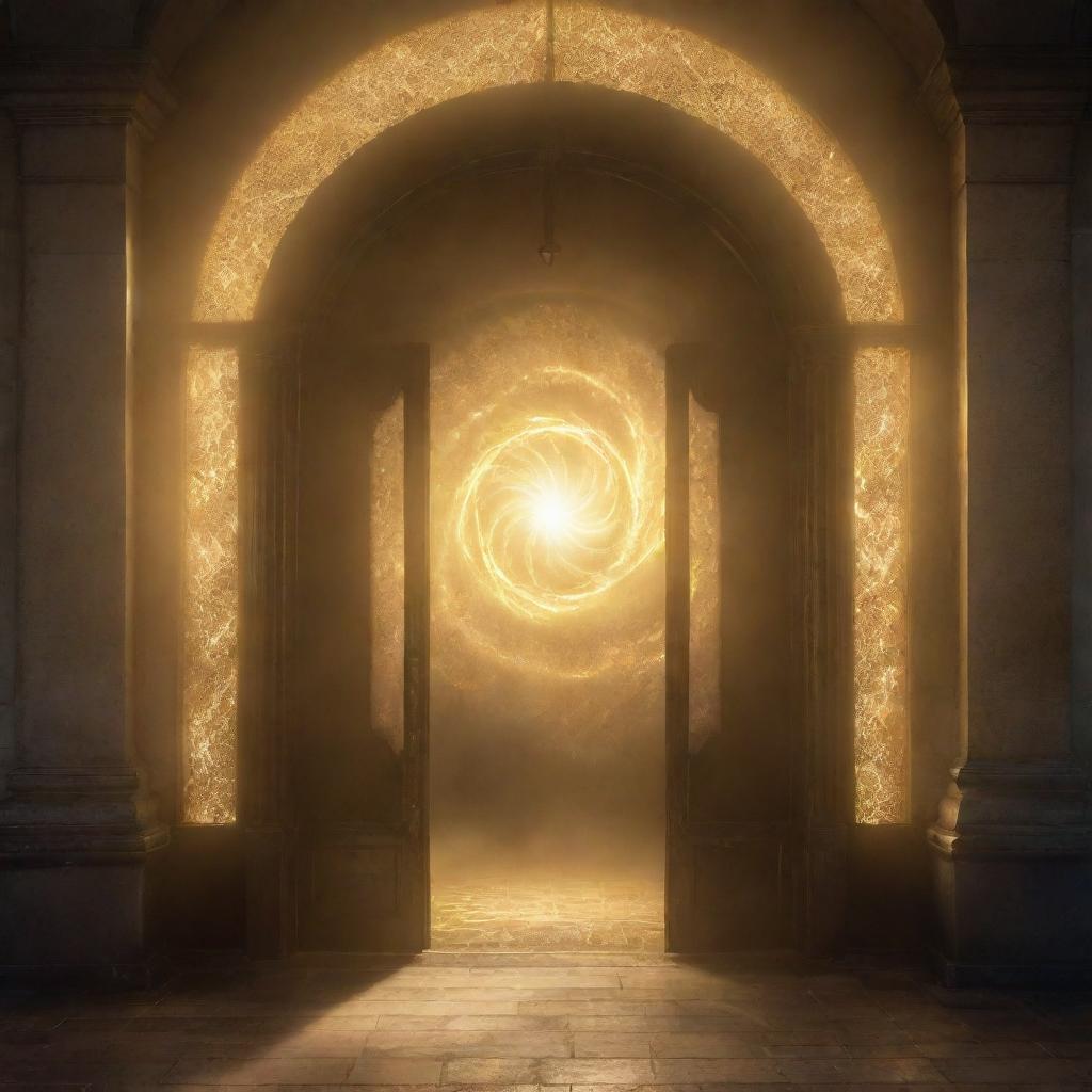 A supernatural door at a bustling train station, opening to display a radiant portal alive with swirling golden light. Luminous sparks and waves of misty gold radiate outwards, spellbinding passersby with its celestial luminance and summoning whispers of mythical tales