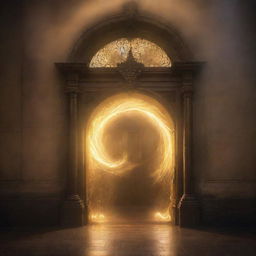 A supernatural door at a bustling train station, opening to display a radiant portal alive with swirling golden light. Luminous sparks and waves of misty gold radiate outwards, spellbinding passersby with its celestial luminance and summoning whispers of mythical tales