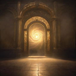 A supernatural door at a bustling train station, opening to display a radiant portal alive with swirling golden light. Luminous sparks and waves of misty gold radiate outwards, spellbinding passersby with its celestial luminance and summoning whispers of mythical tales