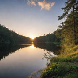 A serene landscape at sunset, with the sun casting long shadows over a tranquil lake surrounded by lush forest.