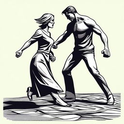 Generate an image of a woman metaphorically trampling a man, showcasing her power and dominance