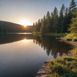 A serene landscape at sunset, with the sun casting long shadows over a tranquil lake surrounded by lush forest.