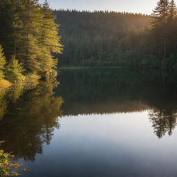 A serene landscape at sunset, with the sun casting long shadows over a tranquil lake surrounded by lush forest.