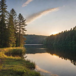 A serene landscape at sunset, with the sun casting long shadows over a tranquil lake surrounded by lush forest.