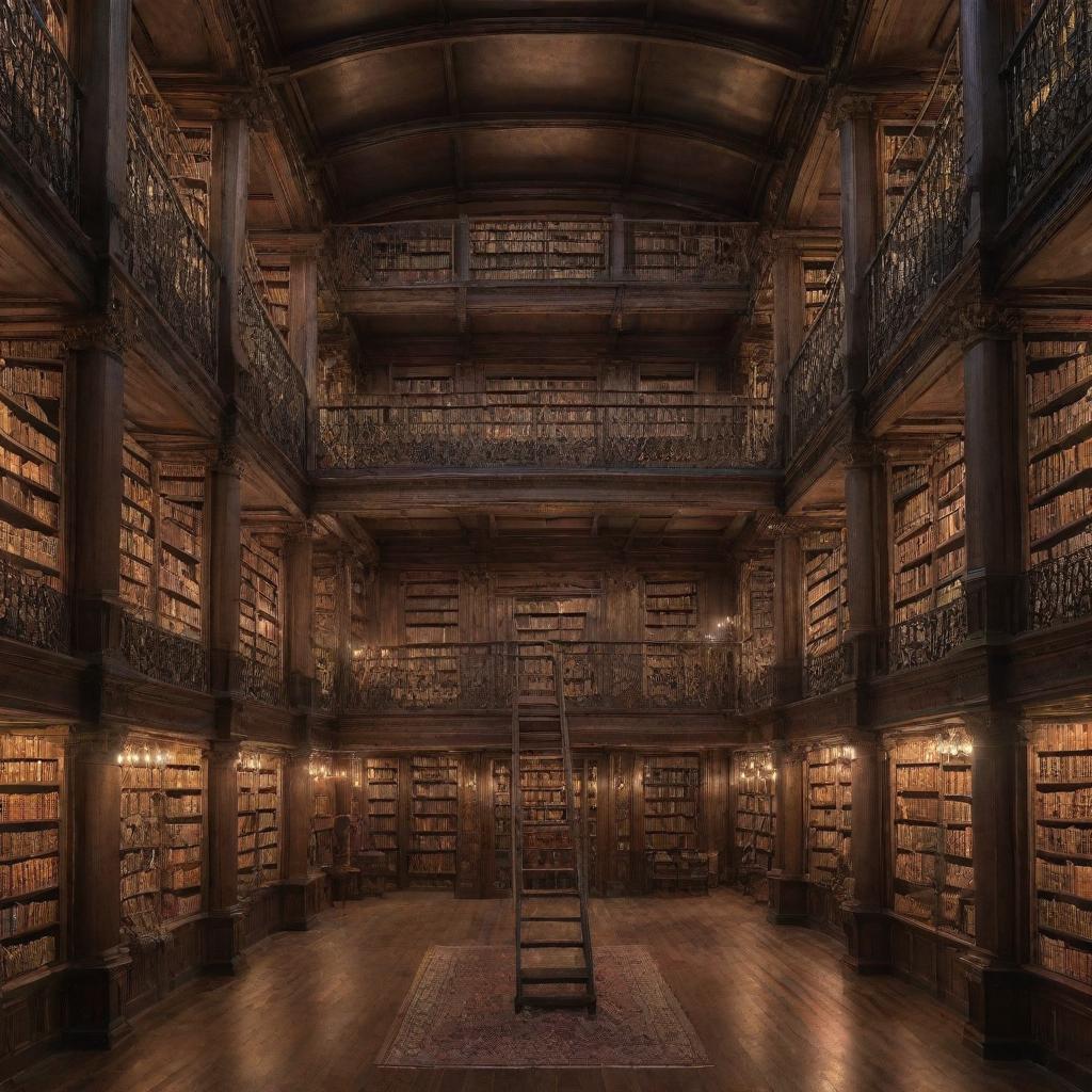 A tremendously magical library, vast and infinite, filled to the brim with ancient books that glow with otherworldly light, colossal towering shelves graced by floating ladders, and mystical creatures fluttering around amidst the soft incandescent glow of arcane energy.