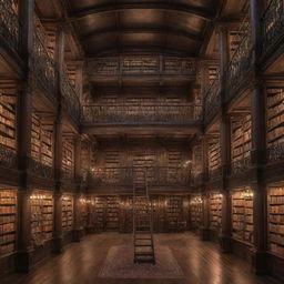 A tremendously magical library, vast and infinite, filled to the brim with ancient books that glow with otherworldly light, colossal towering shelves graced by floating ladders, and mystical creatures fluttering around amidst the soft incandescent glow of arcane energy.