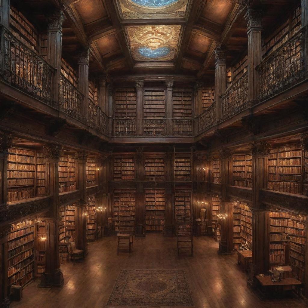 A tremendously magical library, vast and infinite, filled to the brim with ancient books that glow with otherworldly light, colossal towering shelves graced by floating ladders, and mystical creatures fluttering around amidst the soft incandescent glow of arcane energy.