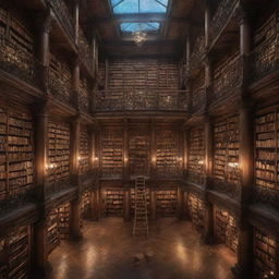 A tremendously magical library, vast and infinite, filled to the brim with ancient books that glow with otherworldly light, colossal towering shelves graced by floating ladders, and mystical creatures fluttering around amidst the soft incandescent glow of arcane energy.