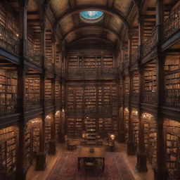 A tremendously magical library, vast and infinite, filled to the brim with ancient books that glow with otherworldly light, colossal towering shelves graced by floating ladders, and mystical creatures fluttering around amidst the soft incandescent glow of arcane energy.