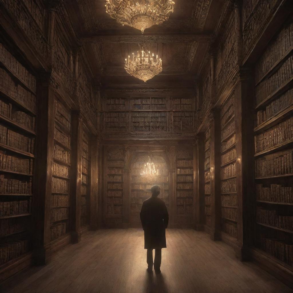 A solitary man exploring a titanic, magical library. The library is enchanting, with ancient, luminescent books filling endless towering shelves. Ethereal creatures flutter around him as he navigates the brilliant glow of the mystic place.