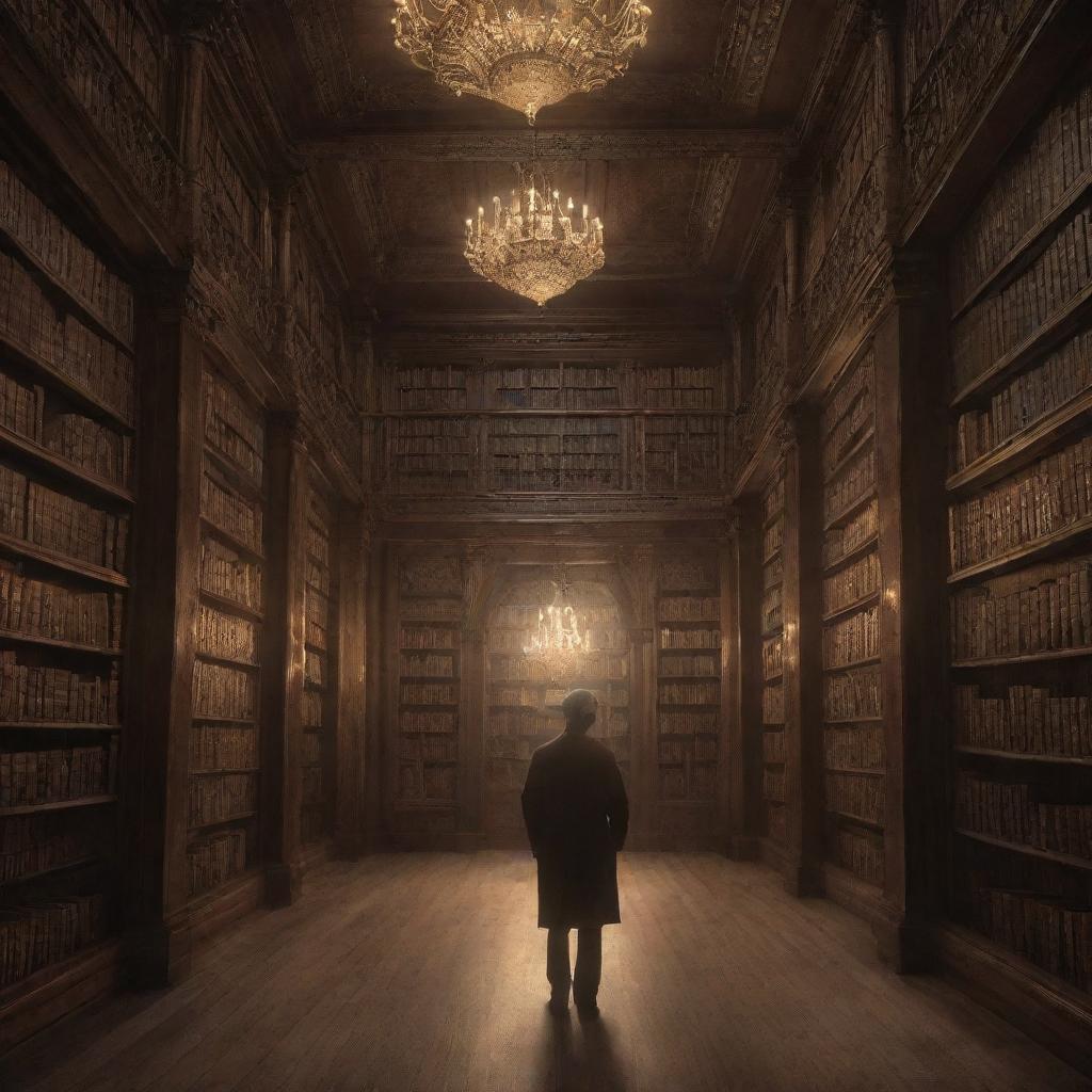 A solitary man exploring a titanic, magical library. The library is enchanting, with ancient, luminescent books filling endless towering shelves. Ethereal creatures flutter around him as he navigates the brilliant glow of the mystic place.