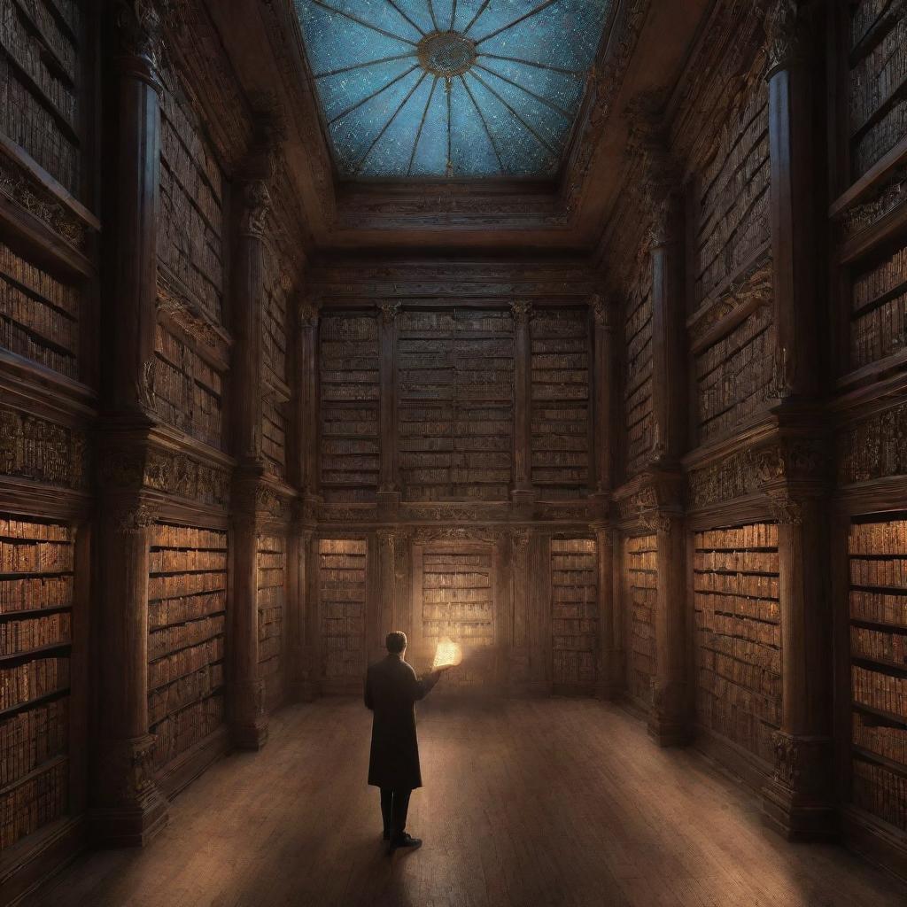 A solitary man exploring a titanic, magical library. The library is enchanting, with ancient, luminescent books filling endless towering shelves. Ethereal creatures flutter around him as he navigates the brilliant glow of the mystic place.