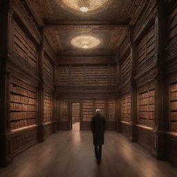 A solitary man exploring a titanic, magical library. The library is enchanting, with ancient, luminescent books filling endless towering shelves. Ethereal creatures flutter around him as he navigates the brilliant glow of the mystic place.