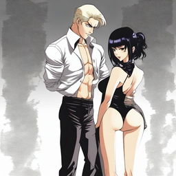 Generate an anime-style image of a dominatrix standing over her male submissive