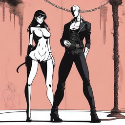 Generate an anime-style image of a dominatrix standing over her male submissive