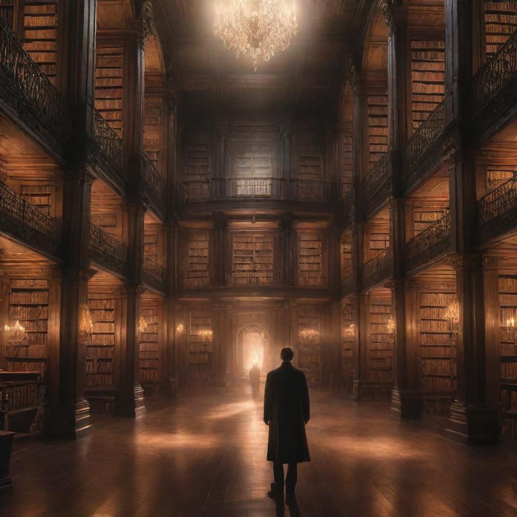 A solitary man standing in a gigantic, magical library bathed in a bright, alluring glow. It's a pristine place ablaze with radiant light reflecting off ancient books, illuminating the spaces between the grand towering shelves while ethereal creatures twinkle around him.