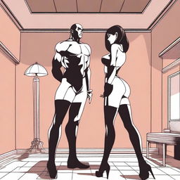 Generate an anime-style image of a dominatrix standing over her male submissive