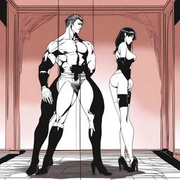 Generate an anime-style image of a dominatrix standing over her male submissive