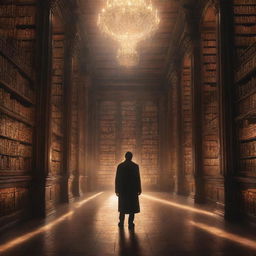 A solitary man standing in a gigantic, magical library bathed in a bright, alluring glow. It's a pristine place ablaze with radiant light reflecting off ancient books, illuminating the spaces between the grand towering shelves while ethereal creatures twinkle around him.