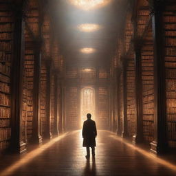 A solitary man standing in a gigantic, magical library bathed in a bright, alluring glow. It's a pristine place ablaze with radiant light reflecting off ancient books, illuminating the spaces between the grand towering shelves while ethereal creatures twinkle around him.