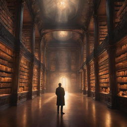 A solitary man standing in a gigantic, magical library bathed in a bright, alluring glow. It's a pristine place ablaze with radiant light reflecting off ancient books, illuminating the spaces between the grand towering shelves while ethereal creatures twinkle around him.