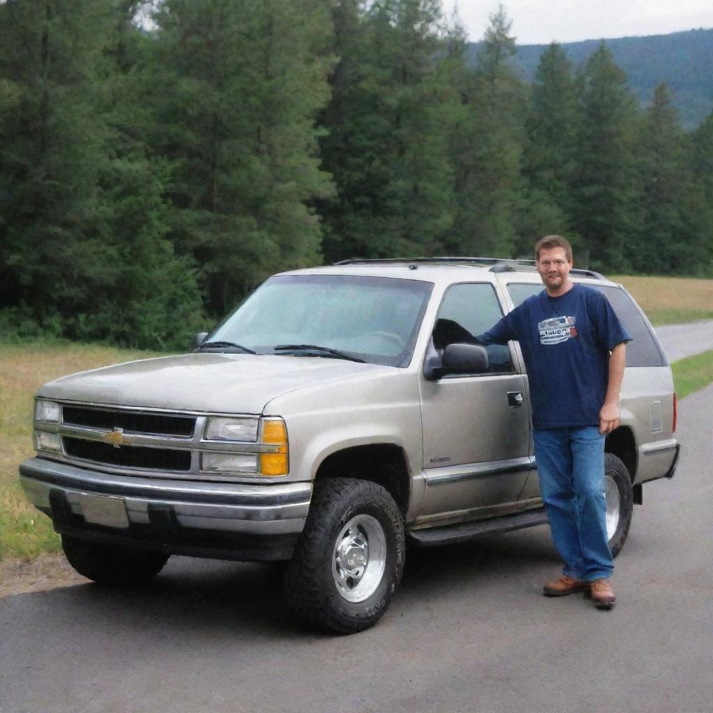 An image of a man standing proudly next to his pristine 1998 Chevrolet Tahoe SUV.