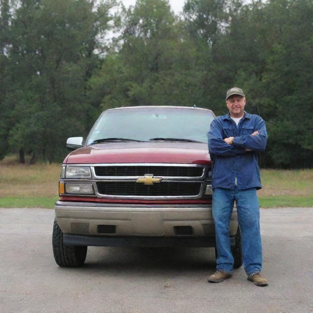 An image of a man standing proudly next to his pristine 1998 Chevrolet Tahoe SUV.