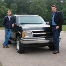 An image of a man standing proudly next to his pristine 1998 Chevrolet Tahoe SUV.