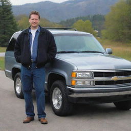 An image of a man standing proudly next to his pristine 1998 Chevrolet Tahoe SUV.