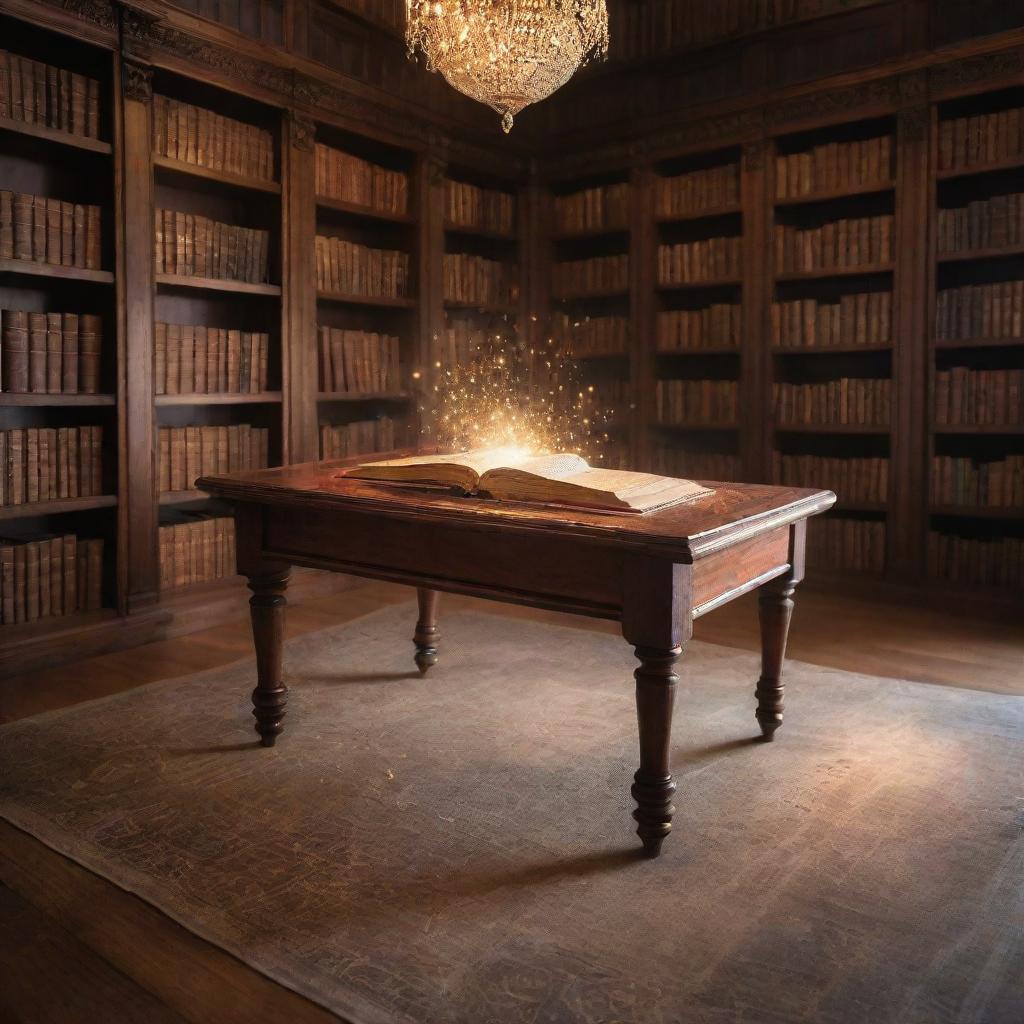 A wooden antique table in a magical library, upon which a single book floats mystically, its pages subtly turning, emanating a soft, glittering glow, and surrounded by a mesmerizing dance of sparkling arcane energy.