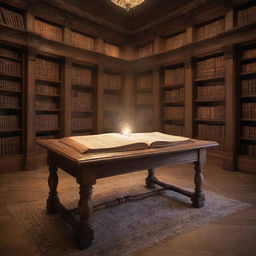 A wooden antique table in a magical library, upon which a single book floats mystically, its pages subtly turning, emanating a soft, glittering glow, and surrounded by a mesmerizing dance of sparkling arcane energy.