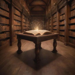 A wooden antique table in a magical library, upon which a single book floats mystically, its pages subtly turning, emanating a soft, glittering glow, and surrounded by a mesmerizing dance of sparkling arcane energy.