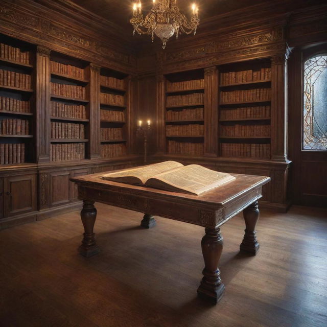 A wooden antique table in a magical library, upon which a single book floats mystically, its pages subtly turning, emanating a soft, glittering glow, and surrounded by a mesmerizing dance of sparkling arcane energy.