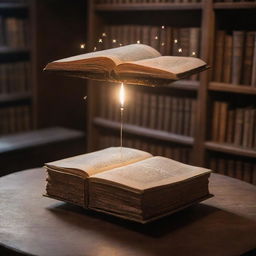 An age-old table in a magical library, a small, delicate book on top, suspended mid-air as if by a divine hand. The book's intricate pages gently flip, radiating a soft, ethereal glow that dances around the surrounding mystical energy.