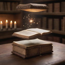 An age-old table in a magical library, a small, delicate book on top, suspended mid-air as if by a divine hand. The book's intricate pages gently flip, radiating a soft, ethereal glow that dances around the surrounding mystical energy.