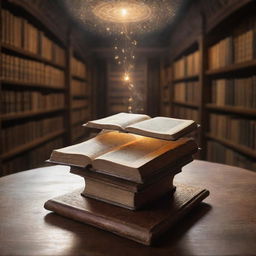 An age-old table in a magical library, a small, delicate book on top, suspended mid-air as if by a divine hand. The book's intricate pages gently flip, radiating a soft, ethereal glow that dances around the surrounding mystical energy.
