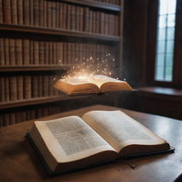 An age-old table in a magical library, a small, delicate book on top, suspended mid-air as if by a divine hand. The book's intricate pages gently flip, radiating a soft, ethereal glow that dances around the surrounding mystical energy.