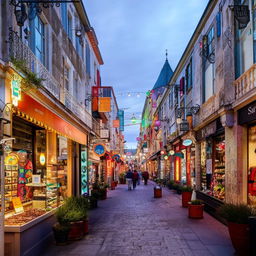 A bustling street with a variety of colorful shops. Each store has a unique design, inviting signage, and display windows showcasing interesting and eye-catching merchandise.