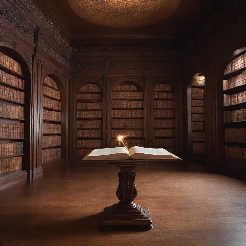 A dense mahogany table in a magical library, hosting a single petite book levitating in the air. The book's pages lazily fan open, revealing illuminated text that casts an enchanting, soft glow, casting mesmerizing patterns of light around this unusual spectacle.