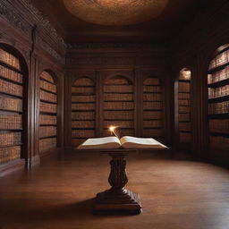 A dense mahogany table in a magical library, hosting a single petite book levitating in the air. The book's pages lazily fan open, revealing illuminated text that casts an enchanting, soft glow, casting mesmerizing patterns of light around this unusual spectacle.